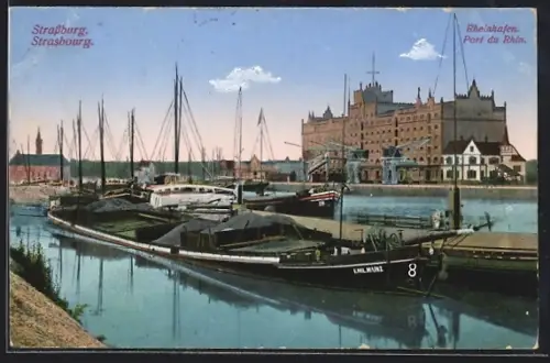 AK Strasbourg, Port du Rhin avec péniches et bâtiments industriels