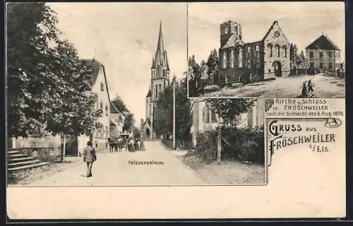 AK Fröschweiler i. Els., Kirche und Schloss nach der Schlacht 1870, Friedenskirche