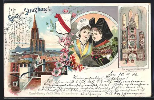 Lithographie Strassburg i. E., Astronomische Uhr im Münster, Wappen