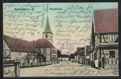 AK Niederrödern i. E., Hauptstrasse mit Blick zur Kirche