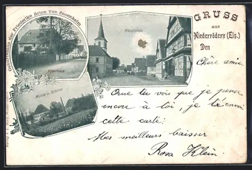AK Niederrödern /Els., Hauptplatz, Geburtshaus der Friederike Brion, Mühle