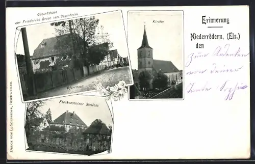 AK Niederrödern /Els., Geburtshaus der Friederike Brion, Kirche, Schloss Fleckenstein