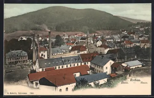AK Rothau /Elsass, Vue générale sur le village avec usine et paysage montagneux en arrière-plan