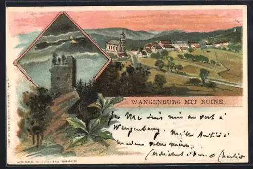 Lithographie Wangenburg, Ortsansicht mit Ruine