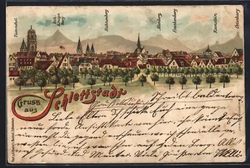 Lithographie Schlettstadt, Ortsansicht mit Bergpanorama, Ramstein, Ortenburg, Hahnenberg