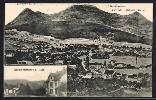 AK Lützelhausen, Bahnhofstrasse und Post, Ortsansicht mit Bergen