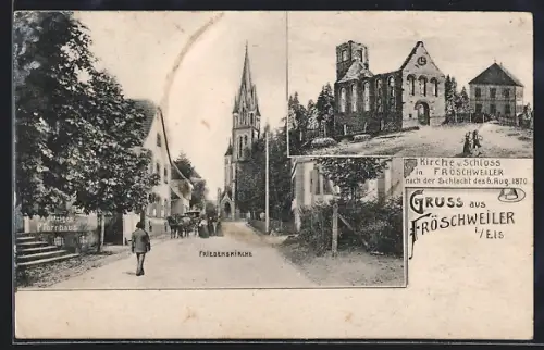 AK Fröschweiler i. Els., Kirche und Schloss nach der Schlacht 1870, Friedenskirche