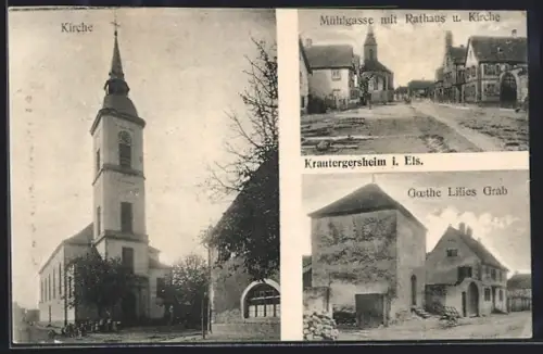 AK Krautergersheim, Kirche, Mühlgasse mit Rathaus u. Kirche, Goethe Lillies Grab