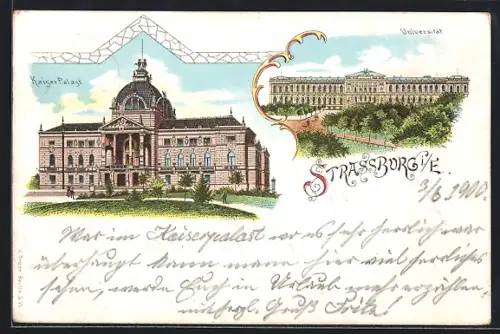 Lithographie Strassburg i. E., Kaiserpalast, Universität