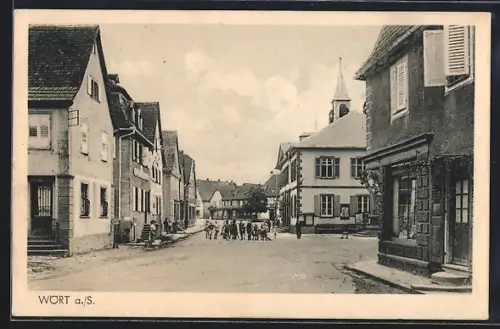 AK Wört a. S., Vue de la rue principale avec enfants et bâtiments historiques