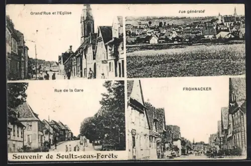 AK Soultz-sous-Forêts, Grand`Rue et l`Église, Vue générale, Rue de la Gare et Frohnacker