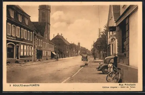 AK Soultz-sous-Forêts, Rue Principale avec commerces et voitures d`époque