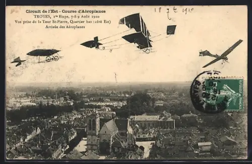 AK Troyes, Vue prise de la Tour St-Pierre, Quartier bas, côté Est, Arrivée des Aéroplanes