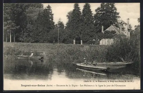 AK Nogent-sur-Seine /Aube, Descente de la Digue, Les Pêcheurs à la ligne le jour de l`Ouverture