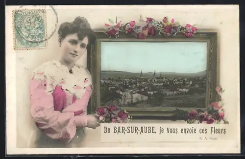 AK Bar-sur-Aube, Je vous envoie ces fleurs, Vue du village dans un cadre fleuri