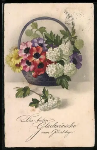 Künstler-AK Meissner & Buch (M&B) Nr. 244: Korb mit Mohnblumen, Geburtstagsgruss