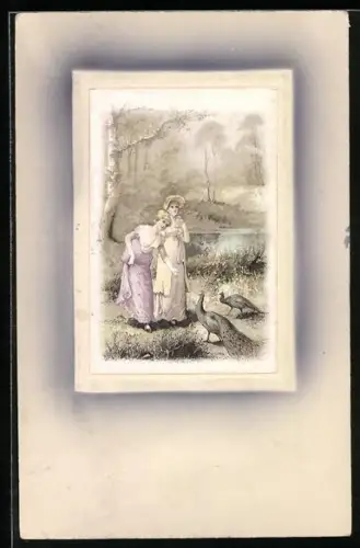 Künstler-AK Meissner & Buch (M&B): Zwei Frauen füttern Pfauen