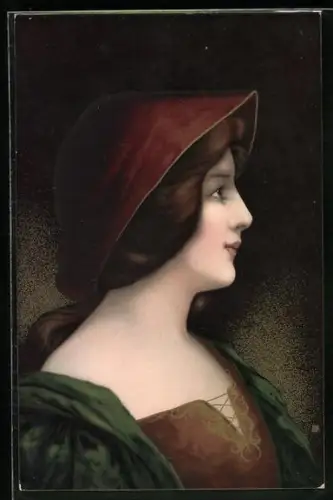 Künstler-AK Damenporträt mit goldenem Kleid, Jugendstil