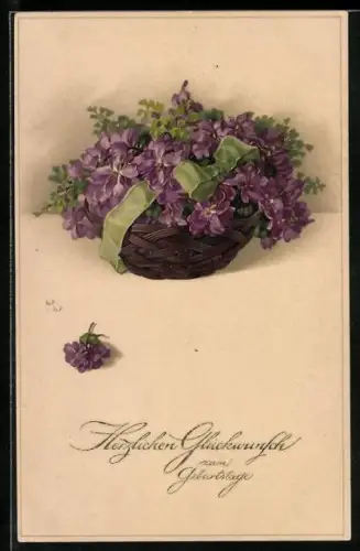Künstler-AK Meissner & Buch (M&B) Nr. 2185: Korb mit Veilchen, Geburtstagsgruss