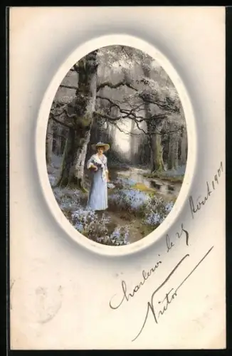 Künstler-AK Meissner & Buch (M&B) Nr. 1555: Frau im Kleid im Wald