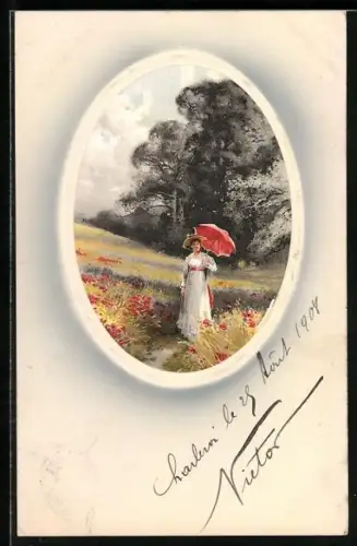 Künstler-AK Meissner & Buch (M&B) Nr.1555: Frau im Blumenfeld mit rotem Schirm