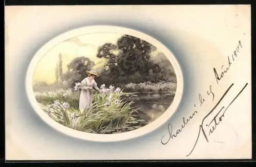 Künstler-AK Meissner & Buch (M&B) Nr. 1555: Frau am Ufer pflückt Blumen
