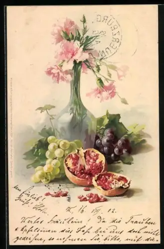 Künstler-AK Catharina Klein: Vase mit rosa Nelken, grüne und rote Trauben, aufgeschnittener Granatapfel