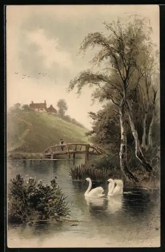Künstler-AK Meissner & Buch (M&B) Serie 1263: Mann auf Brücke beobachtet Schwäne