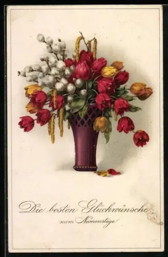 Künstler-AK Meissner & Buch (M&B) Nr. 2340: Kätzchenzweige und Tulpen, Glückwunsch zum Namenstag