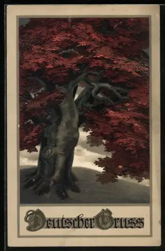 Künstler-AK Meissner & Buch (M&B) Nr. 2244: Baum mit herbstlich rot gefärbten Blättern, Deutscher Gruss