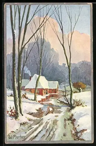 Künstler-AK Meissner & Buch (M&B) Nr.1855: Eine Winterlandschaft mit einem Haus an einem Weg mit Bäumen