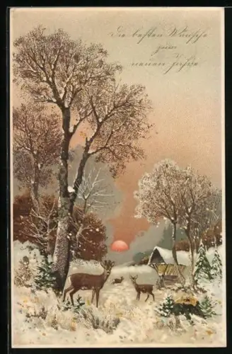 Künstler-AK Meissner & Buch (M&B) Nr. 1713: Rehe und Hirsch im verschneiten Wald
