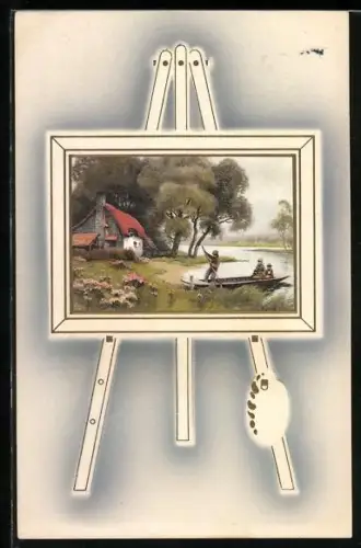 Künstler-AK Meissner & Buch (M&B) Nr. 1636: Boot mit zwei Frauen in Staffelei, Passepartout