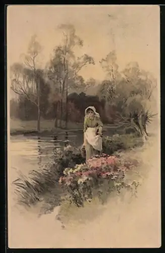 Künstler-AK Meissner & Buch (M&B) Nr. 1424: Daheim und draussen, Frau am Fluss