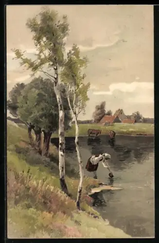 Künstler-AK Meissner & Buch (M&B) Nr.1258: Schöne Landschaft mit junger Bäuerin die Wasser holt
