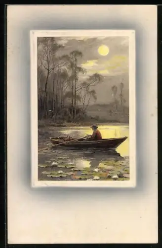 Künstler-AK Meissner & Buch (M&B) Nr. 1526: Ruderboot bei Vollmond, Seerosen
