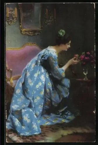 Künstler-AK Meissner & Buch (M&B) Nr. 2617: Die blaue Dame, Frau mit Rosenstrauss