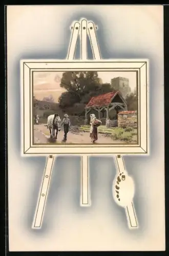 Künstler-AK Meissner & Buch (M&B) Nr.1636: Bauernpaar mit Pferd auf einer Dorfstrasse