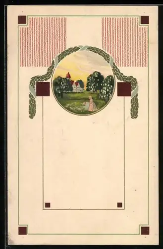 Künstler-AK Ländliche Frühlingswiese gerahmt von Girlande, Biedermeier