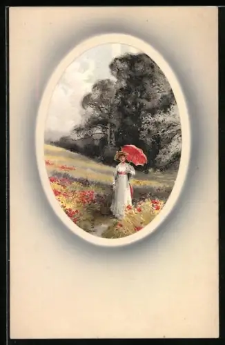 Künstler-AK Meissner & Buch (M&B) Nr. 1555: Junge Frau mit Sonnenschirm beim Spaziergang in der Natur