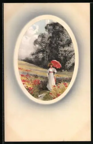 Künstler-AK Meissner & Buch (M&B) Nr.1555: Frau im Blumenfeld mit rotem Schirm