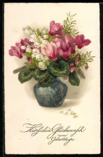 Künstler-AK Meissner & Buch (M&B) Nr. 2721: Vase mit Maiglöckchen, Geburtstagsgruss