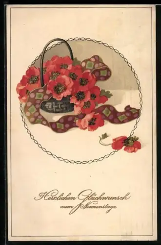 AK Deutscher Gruss, Korb mit Mohnblumen
