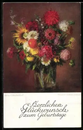 Künstler-AK Meissner & Buch (M&B) Nr. 2604: Vase mit Blumen, Geburtstagsgruss