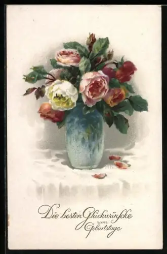 Künstler-AK Meissner & Buch (M&B) Nr. 2518: Vase mit Rosen, Geburtstagsgruss