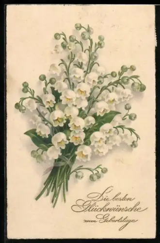 Künstler-AK Meissner & Buch (M&B) Nr. 2877: Maiglöckchen im Bund, Geburtstagsgruss