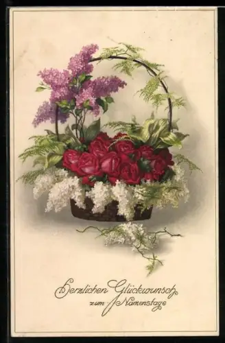 Künstler-AK Meissner & Buch (M&B) Nr.2261: Rote Rosen und Flieder in einem Körbchen