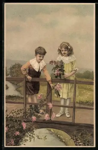 Künstler-AK Meissner & Buch (M&B) Nr. 1436: Kinderpaar mit Blumen auf Brücke