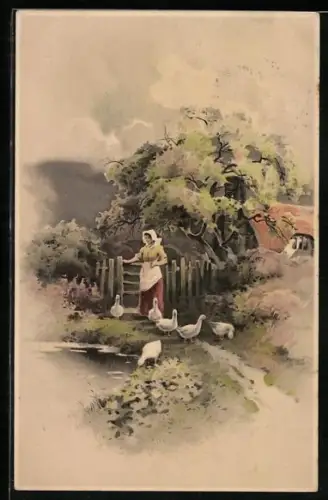 Künstler-AK Meissner & Buch (M&B) Nr. 1424: Partie am Teich, Enten