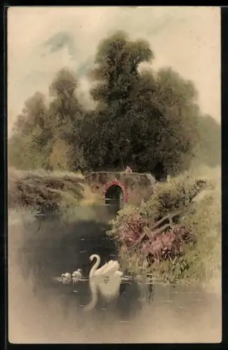 Künstler-AK Meissner & Buch (M&B) Nr.1189: Am Weiher, eine Schwanenfamilie auf dem See, Angler